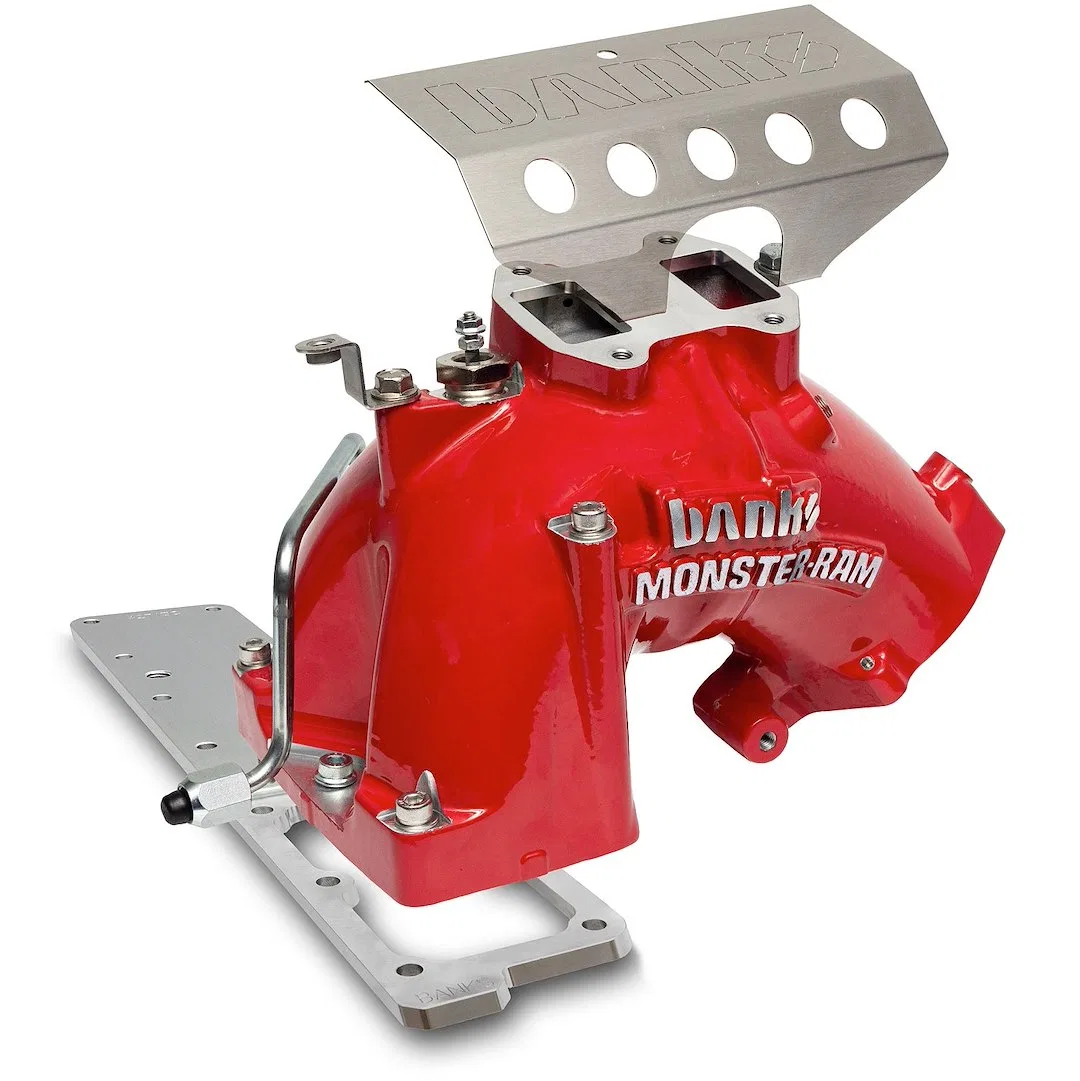 42799-PC – BANKS Throttle Body Intake Elbow, 3-3/8 Inch Inlet Four 1/8 Inch NPT Ports Aluminum Red Powder Coated With...